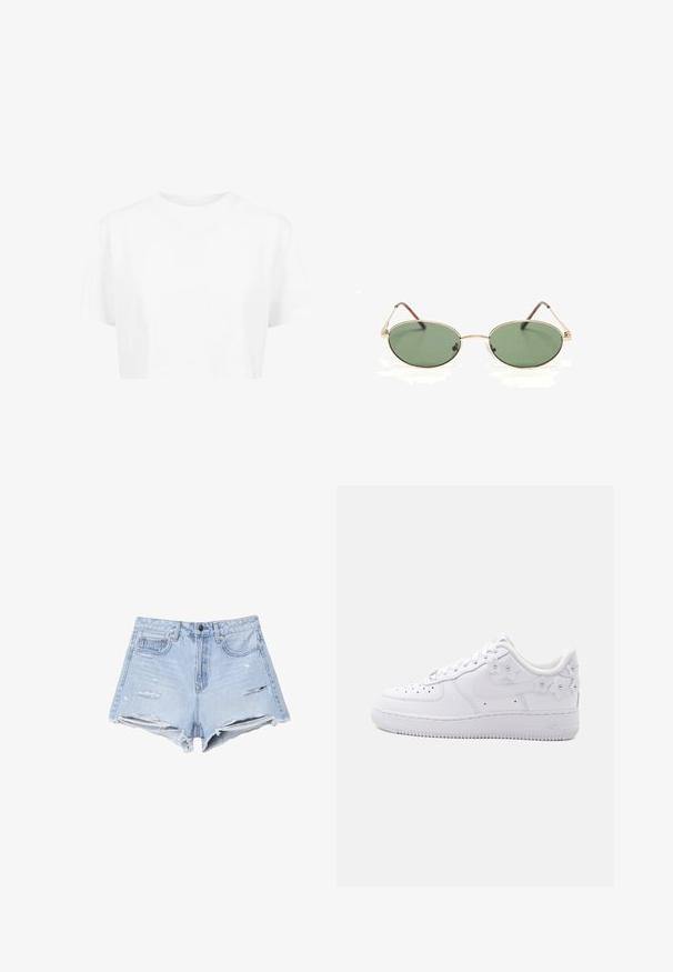 Weißes, kurzes T-Shirt mit kurzen Ärmeln und rundem Halsausschnitt, aus glattem Stoff, ohne sichtbare Muster oder auffällige Hardware.; Hellblaue Jeansshorts mit hoher Taille, ausgewaschenen Details, fransigem Saum und Fünf-Taschen-Design.; Weißer Low-Top-Sneaker mit perforierter Zehe, Nike-Swoosh und dekorativen weißen Blumenakzenten an Ferse und Seite.; Goldfarbene ovale Sonnenbrille mit Metallrahmen, grünen getönten Gläsern und dünnen Bügeln, die auf einer weißen Oberfläche liegen.