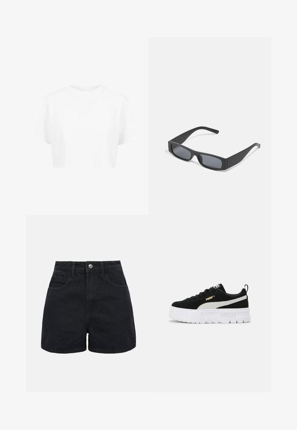 Weißes, kurzes T-Shirt mit kurzen Ärmeln und rundem Halsausschnitt, aus glattem Stoff, ohne sichtbare Muster oder auffällige Hardware.; Schwarze High-Waist-Jeansshorts mit vorderer Knopfleiste, Gürtelschlaufen und zwei Vordertaschen auf weißem Hintergrund.; Schwarze Wildleder-Sneaker mit einer weißen Gummiplattformsohle, versehen mit einem weißen seitlichen Streifen und einem goldenen Logo-Akzent an der Seite.; Schwarze rechteckige Sonnenbrillen mit dunklen Gläsern und dicken matten Rahmen. Die Bügel sind leicht verjüngt und haben eine glatte Oberfläche.