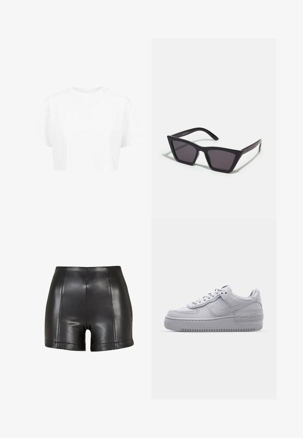 T-shirt blanche raccourcie, à manches courtes, col rond, en tissu lisse, sans motifs visibles ni quincaillerie distincte.; Shorts taille haute noirs en cuir synthétique avec des coutures visibles verticales et horizontales sur fond blanc.; Basket en cuir lisse gris Nike Air Force 1 avec un bout perforé, une semelle épaisse et un détail 'AIR' en relief sur le talon.; Lunettes noires angulaires avec des verres gris ; fabriquées en plastique, avec des branches épaisses à la surface lisse et sans matériel visible.