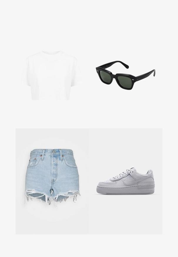 Weißes, kurzes T-Shirt mit kurzen Ärmeln und rundem Halsausschnitt, aus glattem Stoff, ohne sichtbare Muster oder auffällige Hardware.; Levi's® 501® ORIGINAL SHORT - Jeans Shorts - luxor edge; Graue Nike Air Force 1 Sneaker mit perforierter Zehenpartie, Obermaterial aus glattem Leder, dicker Sohle und geprägtem 'AIR'-Detail an der Ferse.; Schwarze quadratische Sonnenbrillen mit dunkelgrünen Gläsern, ausgestattet mit markanten Rahmen und silbernen Akzenten an den Seiten. Hergestellt in Italien.