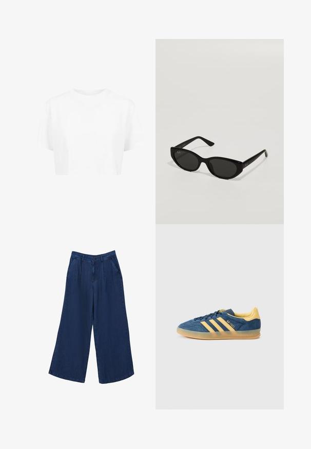 Witte cropped t-shirt, korte mouwen, ronde halslijn, gemaakt van gladde stof, zonder zichtbare patronen of opvallende hardware.; Brede denim broeken in donkerblauw. Kenmerken zijn twee voorzakken, een knoopsluiting en een gladde textuur met een lichtgewicht stof.; Blauwe suède sneaker met gele accenten, voorzien van drie gele strepen, een gestructureerde tong en een doorschijnende gumzool. Merknaam "Gazelle" is zichtbaar.; Zwarte zonnebril met een smal, kattenoogvorm. Gemaakt van glad plastic, met donkere glazen en subtiele logo-accenten op de veren.