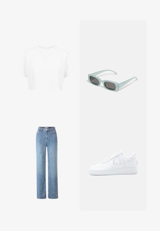 Witte cropped t-shirt, korte mouwen, ronde halslijn, gemaakt van gladde stof, zonder zichtbare patronen of opvallende hardware.; Lichtblauwe high-waisted jeans, gemaakt van denim, met een rechte pasvorm, vijf zakken en een metalen knoopsluiting.; Witte Nike Air Force 1 sneaker met gespikkelde Swoosh-detail en dikke zool, afgebeeld tegen een effen lichtgrijze achtergrond.; Een paar rechthoekige zonnebrillen met lichtblauwe doorzichtige monturen en donkergrijze glazen, met rechte pootjes en minimale hardwaredetails.