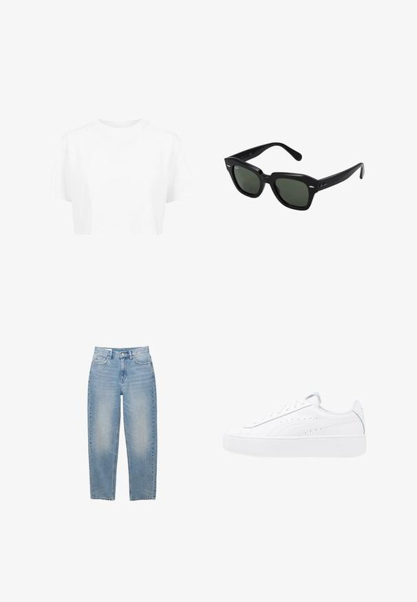 Witte cropped t-shirt, korte mouwen, ronde halslijn, gemaakt van gladde stof, zonder zichtbare patronen of opvallende hardware.; Lichtblauwe denim jeans met rechte pijpen, voorzien van een knoopsluiting aan de voorkant, rits en vijf zakken, afgebeeld tegen een witte achtergrond.; Witte platte sneakers met leren bovenzijde, ronde neus en vetersluiting. Voorzien van zijperforaties en subtiele branding op de hak.; Zwarte vierkante zonnebril met donker groene lenzen, uitgerust met gedurfde monturen en zilveren accenten aan de zijkanten. Gemaakt in Italië.