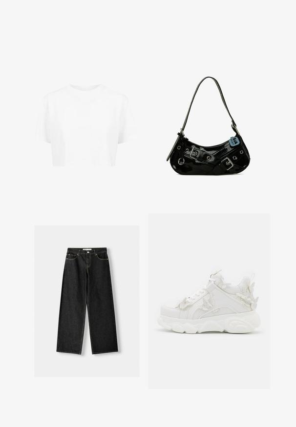 Witte cropped t-shirt, korte mouwen, ronde halslijn, gemaakt van gladde stof, zonder zichtbare patronen of opvallende hardware.; Zwarte denim wijde jeans met vijf zakken, metalen knoop en ritsluiting, en contrasterende gele stiksels langs de naden.; Witte chunky sneaker met dikke zool en decoratieve 3D vlinderaccenten aan de zijkant, veters en hiel.; Zwarte gepatineerde leren handtas met een gebogen vorm, voorzien van zilveren hardware, decoratieve sluitingen en een korte schouderband. Blauwe label bevestigd.