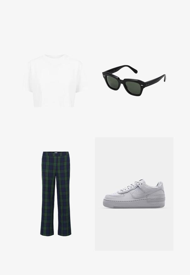 Camiseta blanca corta, de mangas cortas, con cuello redondo, hecha de una tela suave, sin patrones visibles ni herrajes distintivos.; Pantalones a rayas en verde y azul marino con un diseño de pierna recta y una cintura elástica. La tela tiene una textura suave y presenta un clásico patrón de cuadros.; Zapatilla Nike Air Force 1 gris con puntera perforada, parte superior de cuero suave, suela gruesa y detalle en relieve 'AIR' en el talón.; Gafas de sol cuadradas negras con lentes verde oscuro, con montura audaz y acentos plateados en los laterales. Fabricadas en Italia.