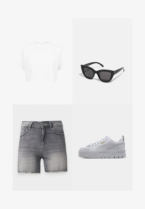T-shirt blanche raccourcie, à manches courtes, col rond, en tissu lisse, sans motifs visibles ni quincaillerie distincte.; Short en jean noir délavé avec ourlets effilochés, fermeture devant par bouton et zip, et deux poches avant sur un fond uni.; Baskets plateformes blanches avec une tige en cuir lisse, un col rembourré, une semelle en caoutchouc grise et des accents dorés arborant le logo Puma.; Lunettes de soleil noires en forme d'œil de chat avec une finition mate, dotées de verres teintés gris, d'angles aigus et de branches élégantes. Nom de la marque visible sur la branche intérieure.
