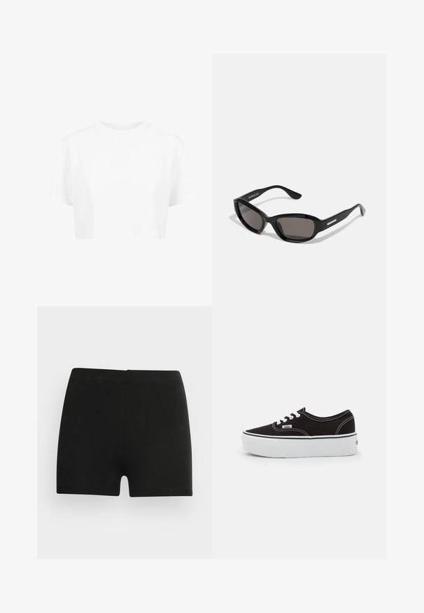 Hvid cropped t-shirt, korte ærmer, rund halsudskæring, lavet af blødt stof, uden synlige mønstre eller distinkt hardware.; Sorte bomulds shorts med et tætsiddende design og elastisk talje. Glat tekstur, længde til midt på låret, og uden synlige mønstre eller accenter.; Sort lærred sneakers med en hvid gummi platform sål, der har hvide snørebånd og syninger, ikonisk branding på siden, lav-top design.; Sorte solbriller med rektangulært stel, mørke linser, glat plastmateriale og en metalaccent på templet.