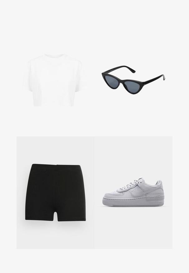 Hvid cropped t-shirt, korte ærmer, rund halsudskæring, lavet af blødt stof, uden synlige mønstre eller distinkt hardware.; Sorte bomulds shorts med et tætsiddende design og elastisk talje. Glat tekstur, længde til midt på låret, og uden synlige mønstre eller accenter.; Grå Nike Air Force 1 sneakers med perforeret tå, glat læderoverdel, tyk sål og præget 'AIR' detalje på hælen.; Sorte katteøje solbriller med mørkegrå linser, slankt plastisk stel, spidse hjørner og lige stænger. Ingen synlig hardware eller dekorationer.
