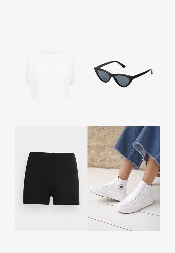 Hvid cropped t-shirt, korte ærmer, rund halsudskæring, lavet af blødt stof, uden synlige mønstre eller distinkt hardware.; Sorte bomulds shorts med et tætsiddende design og elastisk talje. Glat tekstur, længde til midt på låret, og uden synlige mønstre eller accenter.; Person iført hvide høje Converse-sneakers med tykke såler og beskårne blå jeans med flossede kanter mod en murstensvæg og hvidt gulv.; Sorte katteøje solbriller med mørkegrå linser, slankt plastisk stel, spidse hjørner og lige stænger. Ingen synlig hardware eller dekorationer.