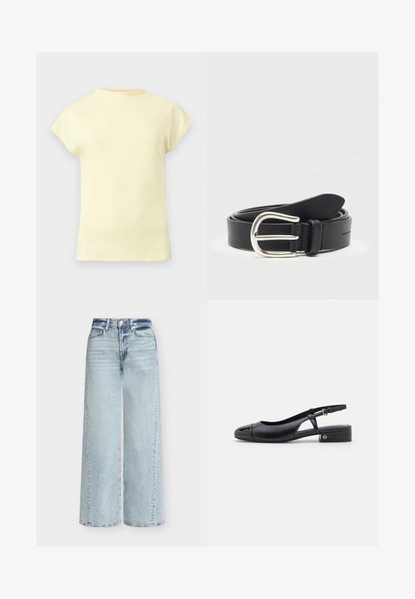 T-shirt jaune clair à manches courtes avec un col rond, présenté sur un fond gris clair neutre.; Jean bleu clair à jambe large, taille haute, bouton et fermeture éclair devant, poches classiques et détails délavés en haut et sur les coutures.; La chaussure slingback en cuir noir présente un bout arrondi, un petit talon carré et un design avec découpe latérale agrémenté d'un accent doré.; Ceinture en cuir noir roulée avec boucle en métal argenté arrondie sur fond blanc uni.