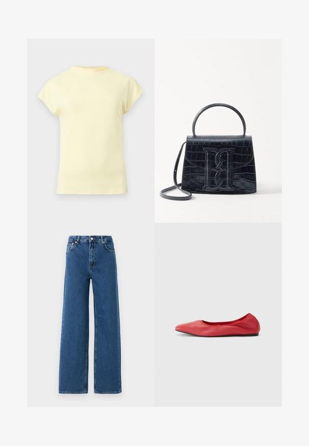 T-shirt jaune clair à manches courtes avec un col rond, présenté sur un fond gris clair neutre.; Jeans larges taille haute bleus avec bouton et fermeture éclair à l'avant, poches avant et passants de ceinture sur un fond blanc.; Filippa K REY FLATS - Ballerines - bright red; Sac à main en cuir noir embossé en crocodile avec un design structuré, une poignée supérieure, une bandoulière ajustable et un détail de logo en avant bien visible.