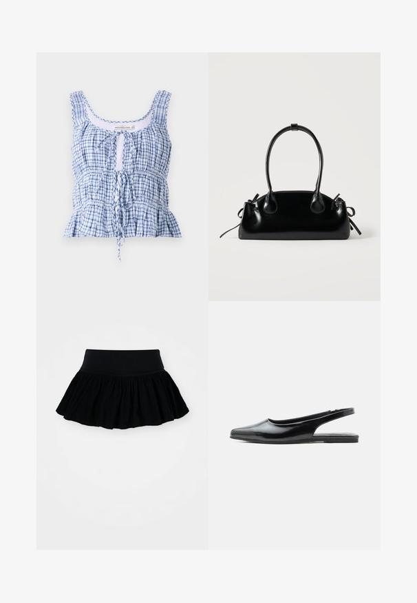 Blau-weißer kariertes Cropped-Top aus leichtem Stoff. Mit runder Ausschnitt, verstellbarem Bindeband und gerafften Texturen.; Schwarzer ausgestellter Rock aus gerafftem, strukturiertem Stoff mit einem breiten Taillenbund. Schlichtes Design, keine Muster oder Beschläge vorhanden.; Schwarzer Slingback-Schuh aus Lackleder mit flachem Absatz, spitzer Zehenpartie und niedrigem Absatz vor weißem Hintergrund.; Kleine schwarze glänzende Handtasche mit zwei langen Griffen und seitlichen Kordelzug-Details vor einfachem hellem Hintergrund.