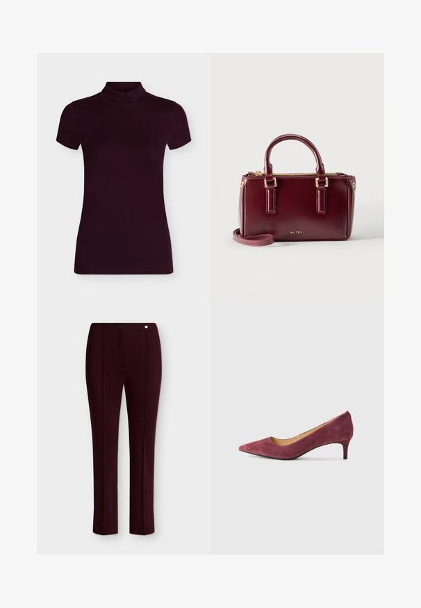 Top à manches courtes, ajusté, col roulé violet foncé avec un petit col, présenté sur un fond clair uni.; Pantalon sur mesure bordeaux foncé avec coutures devant, jambes droites, ceinture, fermeture à bouton et petit détail rond en métal près de la taille.; Pompe à talon haut en daim bordeaux avec un bout pointu, un talon bas et une doublure intérieure lisse. Extérieur texturé et design élégant et classique.; Petit sac à main rectangulaire en cuir rouge foncé avec double poignée, fermeture éclair dorée et logo Aldo sur le devant.