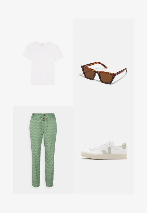 T-shirt blanc uni à manches courtes et col rond, posé à plat sur un fond blanc.; Ragwear TALIN CHEVRON - Pantalon classique - dusty green; Baskets blanches en cuir avec des accents gris en forme de V, semelle en caoutchouc texturé, lacets blancs, et languette et col rembourrés.; Lunettes de soleil teintées de brun avec un motif écaille de tortue, monture angulaire et branches fines. Matériau en plastique léger.