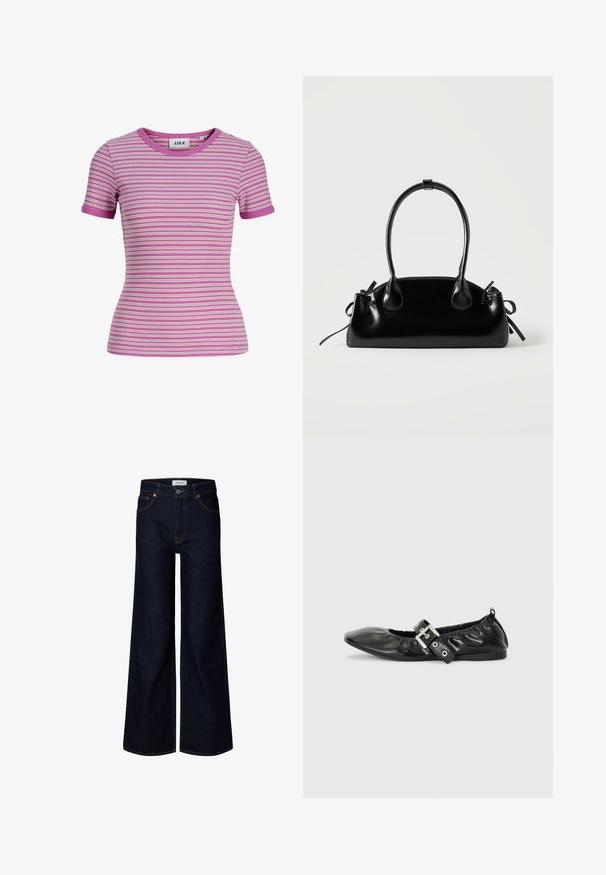 Kortærmet, tætsiddende ribstrikket skjorte med vandrette hvide, pink og lilla striber og rund halsudskæring.; Mørkeblå bredbenede denimjeans med frontknap og lynlås, bæltestropper og frontlommer, vist på en hvid baggrund.; Sorte læder flade sko med spids tå, samling detaljer omkring åbningen, og en sølv spænde accent på den justerbare rem.; Lille sort blank håndtaske med to lange håndtag og snøre-detaljer i siden på en ensfarvet lys baggrund.
