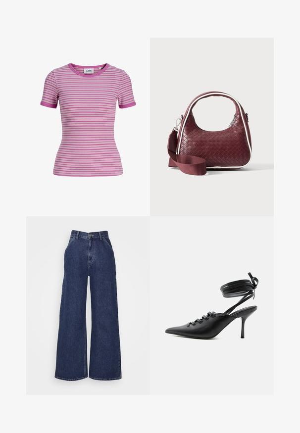 Eng anliegendes, kurzärmliges Rippshirt mit horizontalen weißen, pinken und violetten Streifen und rundem Ausschnitt.; Weite Denim-Jeans in dunkelblau, mit hoher Taille, Fronttaschen und einem Reißverschluss mit Metallknopf. Glatte Textur und klassisches Design.; Schwarzer spitzer High-Heel-Schuh mit Schnürung vorne und wickelnden Knöchelriemen, die zu einer Schleife gebunden sind, von der Seite auf weißem Hintergrund gezeigt.; Dunkelrote gewebte Ledertasche mit gebogenem Griff, weißem Besatz, silbernem Reißverschluss und abnehmbarem breitem Stoff-Schulterriemen vor einfarbigem Hintergrund.