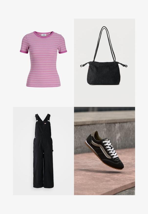 Eng anliegendes, kurzärmliges Rippshirt mit horizontalen weißen, pinken und violetten Streifen und rundem Ausschnitt.; Schwarze Denim-Latzhosen mit weitem Bein, verstellbaren Schulterriemen, Fronttasche und silbernen Hardware-Akzenten. Glatte Textur, minimalistisches Design.; Schwarzer und beiger Sneaker mit weißen Schnürsenkeln und brauner Sohle, schwebend über einer Steinoberfläche vor einem grauen Betonhintergrund.; Schwarze Denim-Schultertasche mit doppelten Tau-Riemen und geknoteten Enden auf jeder Seite, vor einem schlichten weißen Hintergrund.