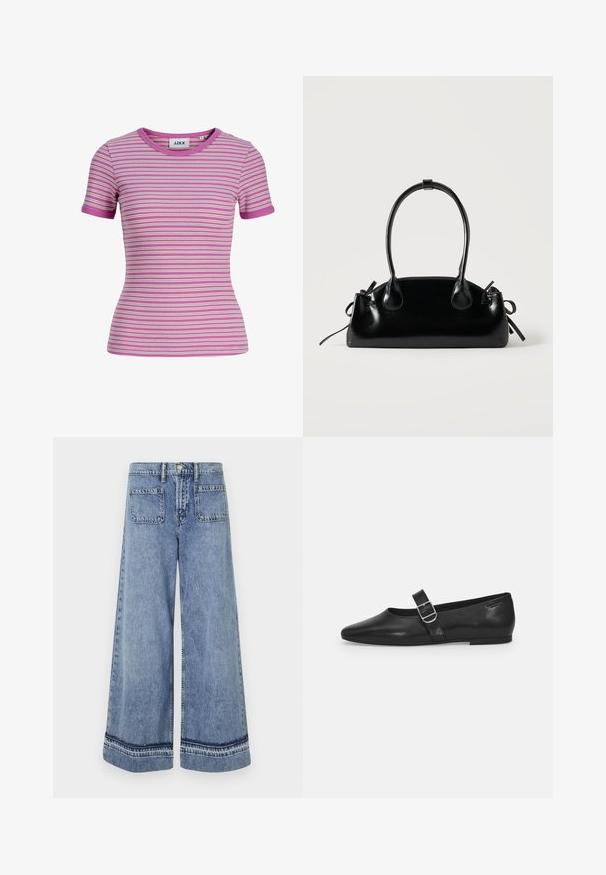 Eng anliegendes, kurzärmliges Rippshirt mit horizontalen weißen, pinken und violetten Streifen und rundem Ausschnitt.; Hellblaue Denim-Weitbeinjeans mit hoher Taille, zwei Gesäßtaschen und kontrastierenden Nähten an den Säumen.; Schwarzer Lederflatschuh mit runder Zehenform, einem verstellbaren Schnallenriemen und einer glatten, glänzenden Oberfläche. Minimalistisches Design mit einem niedrigen Absatz.; Kleine schwarze glänzende Handtasche mit zwei langen Griffen und seitlichen Kordelzug-Details vor einfachem hellem Hintergrund.