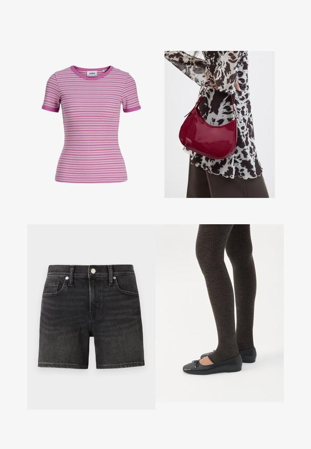 Kortærmet, tætsiddende ribstrikket skjorte med vandrette hvide, pink og lilla striber og rund halsudskæring.; Sorte denimshorts med et klassisk femlomme-design, der har en frontknaplukning og let falmning for tekstur.; Ben iført mørke ribbede leggings kombineret med sorte balletsko med små sløjfedetaljer på hvid baggrund.; Kvinde iført en sort- og hvidmønstret bluse, der holder en blank rød skuldertaske mod en ensfarvet baggrund.