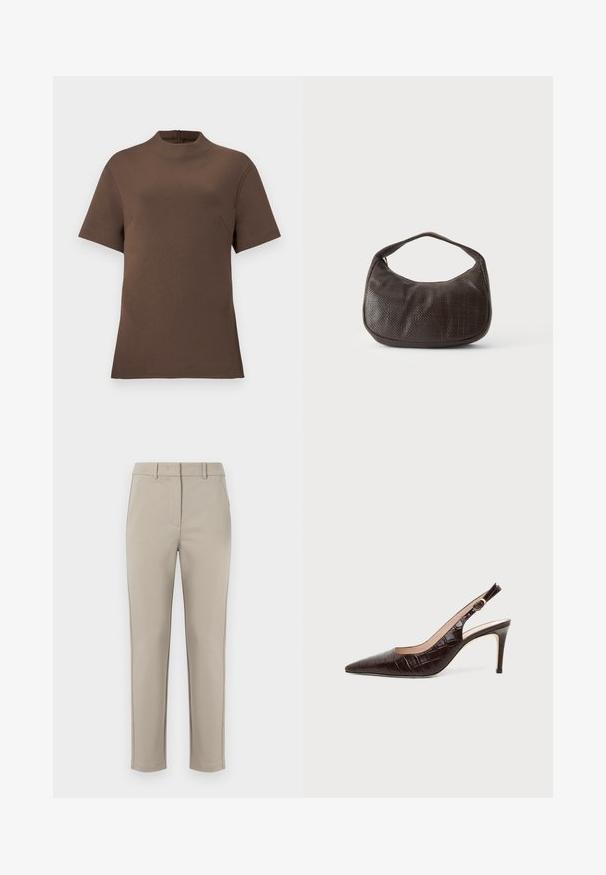 Brun kortærmet top med høj halsudskæring og lynlås i ryggen. Lavet af et glat stof med en subtil tekstur. Har en sidelomme.; MM by MaxMara EFFETTO - Bukser - sand; Mørkebrun slingback pump med krokodillepræget læder, spids snude og mellemhøj stilet hæl på ensfarvet baggrund.; Lille mørkebrun tekstureret håndtaske med kort rem og afrundet bund på en ensfarvet lys baggrund.
