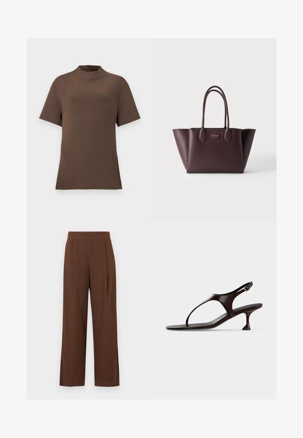 Haut court marron à manches courtes avec un col montant et une fermeture éclair au dos. Fabriqué à partir d'un tissu lisse avec une texture subtile. Dispose d'une poche sur le côté.; Pantalon marron à jambes larges avec une texture lisse, présentant un devant plat et des plis. La taille est élastiquée pour le confort et l'ajustement.; Sandale slingback en cuir verni marron foncé avec petit talon et bride entre les orteils sur fond blanc.; Sac à main en cuir structuré marron foncé avec deux anses et des côtés légèrement évasés, présenté sur un fond clair uni.