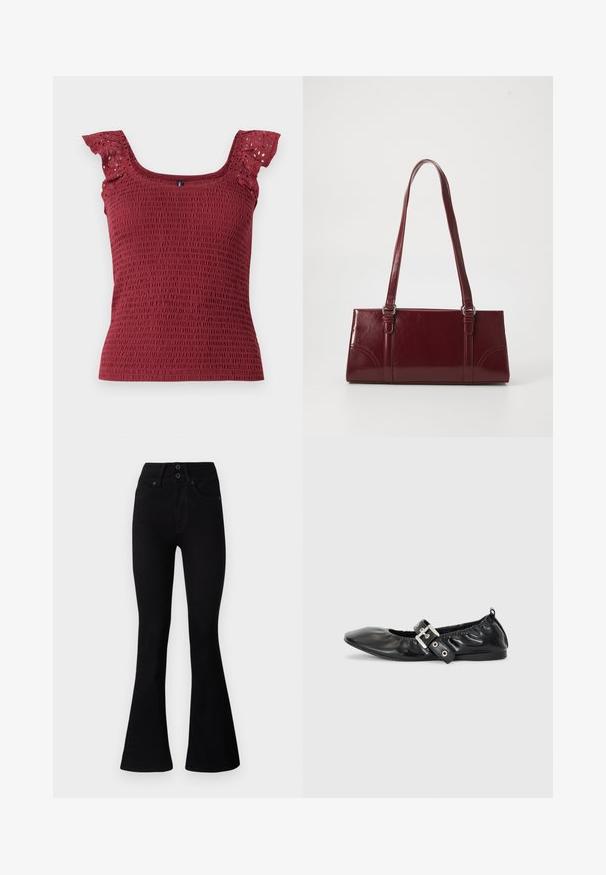 Burgundia, smockitud top, millel on ruudukujuline kaelus ja õrnad volangvarrukad, millel on aukudega lõiked. Pehme, tekstuuriga kangas.; Pepe Jeans FLARE CONTOUR - Alt laienevad teksad - black denim; Must musta lamega, millel on terav nina, kokkukogutud detailid avause ümber ja hõbedane pandla aktsent reguleeritaval rihmal.; Burgundia värvi käekott, mis on valmistatud läikivast materjalist, ristküliku kujuline, kahe õlapaelaga ning ees on peened kaarjad aktsendid.
