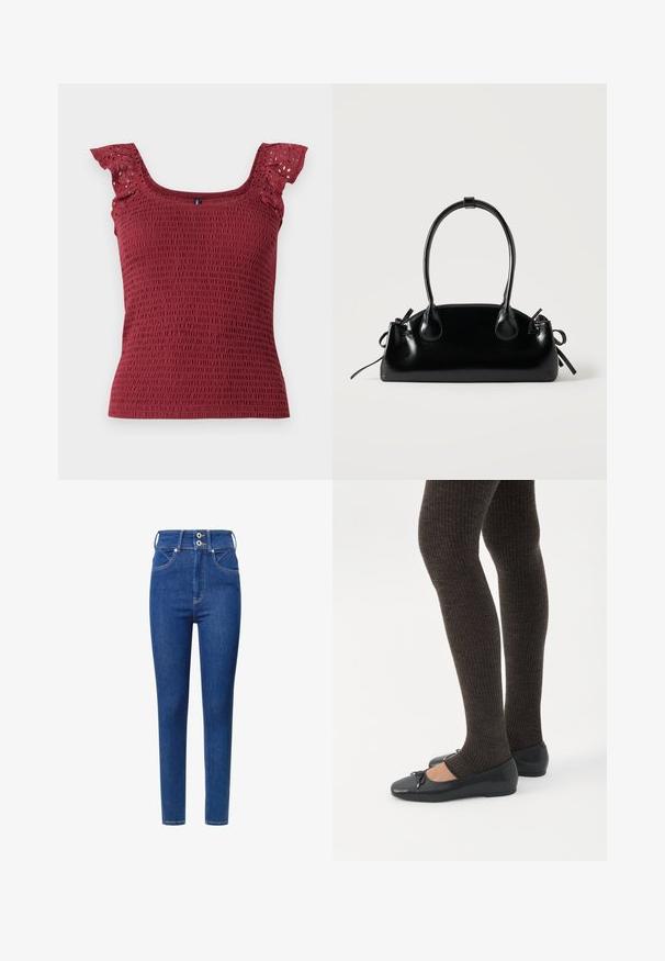 Bordeaux, gerimpelde tanktop met een vierkante halslijn en delicate, gerimpelde mouwen met ooggaten. Zacht, textuurstof.; Hoge taille blauwe denim jeans met een slim fit, voorzien van twee knopen bij de tailleband, voorzakken en contrasterende stikseldetails.; Benen met donkere geribbelde leggings gecombineerd met zwarte ballerina's met kleine strikdetails op een witte achtergrond.; Kleine zwarte glanzende handtas met twee lange hengsels en zijkant trekkoord details op een effen lichte achtergrond.