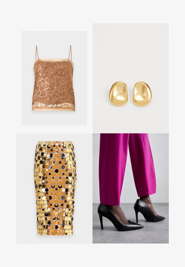 Brun gennemsigtig camisole med tynde stropper, dekoreret med gyldne palietter og små sølv rhinsten i et indviklet mønster.; Rabanne Pencil skirt - brown/black; Sorte højhælede sko med spids tå-design og glat læderstruktur. Kombineret med lyserøde, skræddersyede bukser.; Guldfarvede stud øreringe med en glat, rund form og en reflekterende overflade, der fremhæver et minimalistisk design uden synlige mønstre.