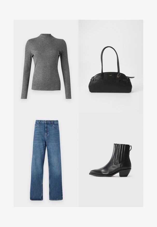 Grå langærmet turtleneck skjorte lavet af blødt, strækbart stof med en tætsiddende design og glat tekstur. Ingen synlige mønstre eller accenter.; Blå højttaljede denimjeans med vide ben, der har en glat tekstur, minimale syningsdetaljer og en klassisk fem-lomme-stil.; Sort læderstøvle til anklen med elastiske sidepaneler, spids tå og blokhæl. Glat tekstur og strømlinet design fremhæver dens moderne stil.; Sort læderhåndtaske i rund form, med to lange håndtag, guldfarvet hardware og et lille mærke vedhæftet. Lynlåslukning på toppen.