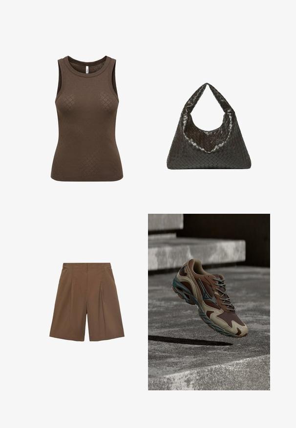 Camiseta sin mangas marrón con sutil patrón de diamantes, escote redondo y silueta ajustada.; Pantalones cortos marrones a medida con un frente plano, pliegues y bolsillos laterales. Fabricados con una tela ligera, ofrecen un ajuste relajado y bordes rematados.; Zapatilla deportiva marrón y beige con logo negro, cordones grises y detalles verdes, suspendida sobre escalones de concreto gris bajo luz natural.; Bolso tejido de cuero marrón oscuro con una forma holgada y un asa grande y curva. Presenta una superficie texturizada y una abertura espaciosa.