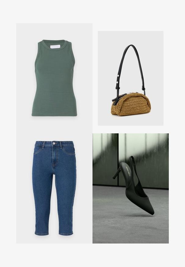 Groen geribd tanktop met een ronde hals en mouwloze uitvoering. Gemaakt van rekbare katoenstof, met een aansluitende pasvorm en een gladde textuur.; Donkerblauwe denim capri-broeken met een hoge taille, vijf zakken en contrasterende stiksels. Bevat een enkele metalen knoop en een lichte tapering aan de zoom.; Zwarte slingback hoge hak met spitse neus en enkelriempje, merk "ANNA FIELD", licht zwevend boven een grijs oppervlak.; Kleine tan gevlochten handtas met gebogen vorm, zwarte verstelbare leren band en zilveren ritssluiting.