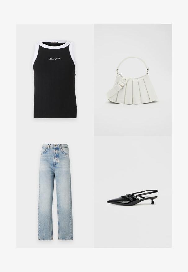 Zwart gebreid mouwloos tanktop met witte rand aan de armsgaten en halslijn, met "Guess Jeans" in witte letters geborduurd op de borst.; Lichtblauwe jeans met een rechte pijpdesign, gemaakt van denim. Bevat vijf zakken, een knoopsluiting en subtiele vervaging overal.; Zwarte lakleren slingback schoen met puntige neus, kleine blokhak en verstelbare band met uitgesneden details en logo-accenten.; Lacoste LENGLEN BAG - Handtas - cristalline