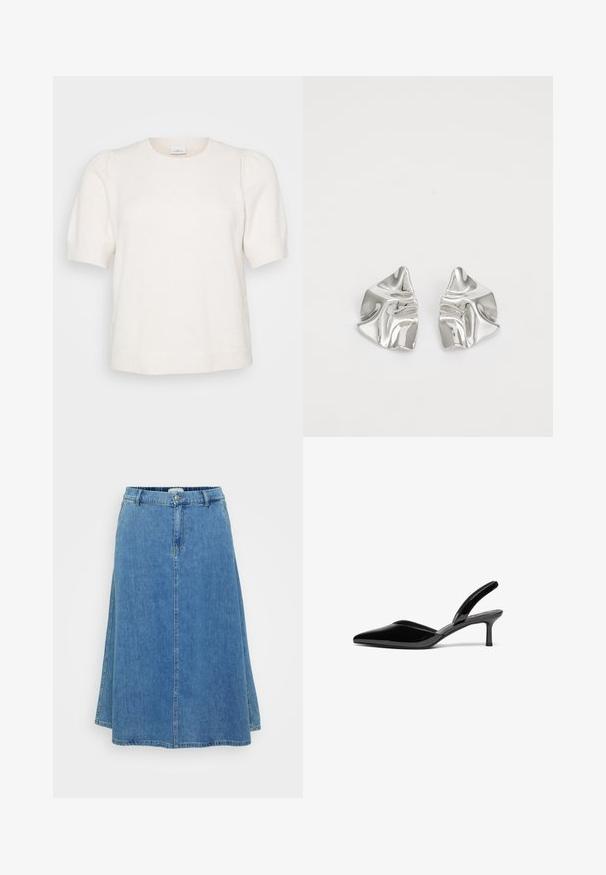 Suéter de manga corta en color crema, confeccionado con una tela suave. Presenta un escote redondo y mangas con un ligero fruncido para dar más volumen.; Falda en A de denim azul con cinturilla, cierre frontal de botones y costuras cosidas. El material muestra una textura de denim estándar.; Tacones slingback de charol negro con punta afilada, tacón de aguja bajo y un diseño elegante y simple sin adornos.; Pendientes de metal plateado con un diseño ondulado y escultórico, que presentan un acabado pulido y formas irregulares, destacando una estética contemporánea.