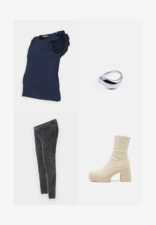 Anna Field MAMA Top - dark blue; MAMALICIOUS Slim fit Mid waist Raw hems - Vaqueros slim fit - grey denim; Botín beige de tobillo hecho de material sintético liso, con una silueta ajustada, tacón grueso texturizado y suela de plataforma.; Anillo de plata pulida con una forma orgánica, que presenta curvas suaves y una banda cónica. Sin patrones ni acentos visibles.