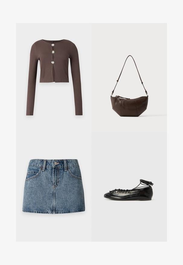 Bruine geribbelde cropped top met lange mouwen, voorzien van een ronde halslijn en drie zilveren knopen aan de voorkant, geaccentueerd met uitsparingdetails.; Denim mini-jurk in een medium blauwe wash, met een aansluitende taille, voorzakken en subtiele stiksels. Glad, gestructureerd stoffenafwerking.; Zwarte ballerina's van lakleer met een afgeronde neus, veterdesign en een platte zool. Glad oppervlak met minimale details.; Bruine leren schoudertas met een gebogen onderkant en een verstelbare riem tegen een effen lichte achtergrond.