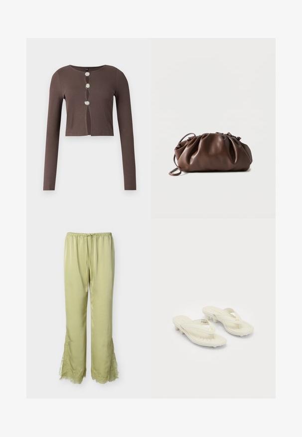 Haut court côtelé marron à manches longues, doté d'un col rond et de trois boutons argentés sur le devant, agrémenté de détails découpés.; Pantalon en satin vert clair avec taille élastique, cordon de serrage, et détails en dentelle le long de l'extérieur des jambes inférieures et des ourlets.; Sandales thong crème de Puma avec de petits talons et des semelles rembourrées, dotées de logos dorés de Puma sur les brides.; Sacoche en cuir marron doux avec un haut froncé et une fine bandoulière, posée sur un fond blanc.