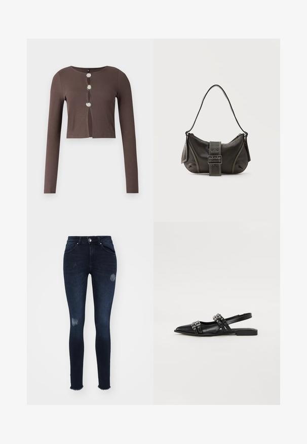 Braunes, geripptes Crop-Top mit langen Ärmeln, rundem Ausschnitt und drei silbernen Knöpfen vorne, akzentuiert durch Ausschnitt-Details.; Dunkelblaue Skinny-Jeans aus Denim, mit Rissen an den Knien, fransigem Saum, fünf Taschen und Knopfverschluss.; Even&Odd Sling-Ballerina - black; Schwarze Leder-Schultertasche mit Schnallengurt-Detail, abgerundeten Kanten und kontrastierenden weißen Nähten auf schlichtem Hintergrund.