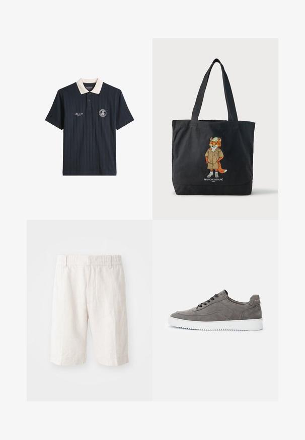Polo bleu marine à manches courtes avec rayures verticales, col blanc, deux boutons, logo "Marc O'Polo" sur la poitrine et texte brodé blanc.; Shorts en lin beige clair avec une taille élastique, poches latérales et une coupe droite. Texture lisse avec des coutures minimales visibles.; Baskets basses en daim gris avec des lacets noirs et une semelle en caoutchouc blanche, vue latérale, montrant le nom de la marque sur la languette du talon.; Sac fourre-tout noir avec deux anses, présentant une illustration d'un renard portant un chapeau et un short, avec le texte « Maison Kitsuné Paris » en dessous.