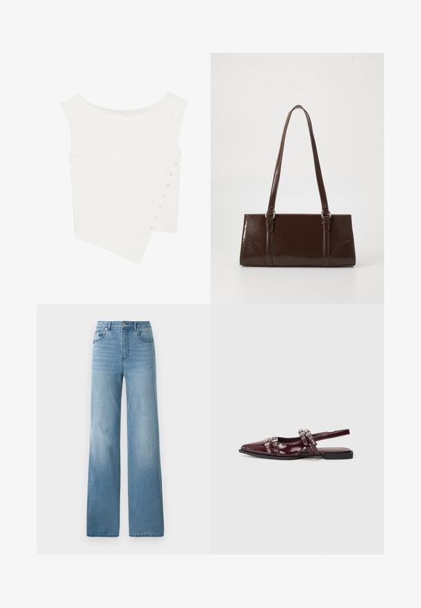 Asymmetrisches weißes Oberteil aus weichem Stoff mit einem U-Boot-Ausschnitt und seitlichen Druckknöpfen entlang der Kante, die eine moderne Silhouette kreieren.; Helleblaue hochtaillierte Jeans mit geradem Bein. Aus Denim gefertigt, mit fünf Taschen und einem Knopfverschluss.; Bordeauxfarbene Lackleder Slingback-Ballerina mit spitzer Zehenpartie, ausgestattet mit dekorativen Riemen in metallischen Akzenten.; Braune Lackleder-Handtasche in rechteckiger Form, mit zwei langen Griffen und subtilen, geschwungenen Akzenten auf der Vorderseite.
