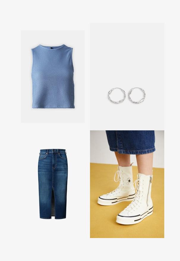 Ärmelloses Oberteil aus strukturiertem, hellblauem Stoff mit vertikalen Rippen, rundem Ausschnitt und geradem Saum. Keine sichtbaren Verschlüsse oder Verzierungen.; Dunkelblauer Jeans-Midirock mit vorderem Schlitz, Knopfverschluss, Gürtelschlaufen und Fronttaschen.; Weiße High-Top-Sneaker mit Reißverschluss, Schnürdesign und schwarzen Streifenakzenten auf einer dicken Sohle. Texturiertes Canvas-Material.; Silberne Creolen mit einer welligen, unregelmäßigen Textur. Besitzen eine dünne, kreisförmige Form und eine reflektierende Oberfläche.
