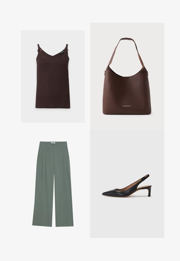 Mouwloze donkerbruine geribde tanktop met V-hals, dunne bandjes en metalen ringen bij de schouders, weergegeven op een effen witte achtergrond.; Groene wijde broek met geplooide voorkant, knoopsluiting en zijzakken. Gemaakt van zachte, lichte stof met een soepele textuur.; Zwarte leren slingback pump met een puntige neus, lage hak en een gladde textuur. Beschikt over een dunne verstelbare band voor een veilige pasvorm.; Bruine leren schoudertas met een gebogen silhouet en een platte handgreep. Voorzien van een gouden logo aan de voorkant en een textuurafwerking.