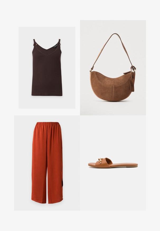 Débardeur côtelé sans manches, marron foncé, avec encolure en V, fines bretelles et anneaux métalliques aux épaules, présenté sur un fond blanc uni.; Pantalon large de couleur rouille, avec une taille élastique, en tissu léger, sans poches visibles et d'une texture douce.; Sandale plate marron avec une large bride, ornée d'un accent décoratif de couleur dorée. Texture lisse, design minimaliste et profil bas.; Sac à main en daim marron de forme courbée en demi-lune. Il est doté d'une bandoulière, d'une petite étiquette et de coutures visibles le long des bords.