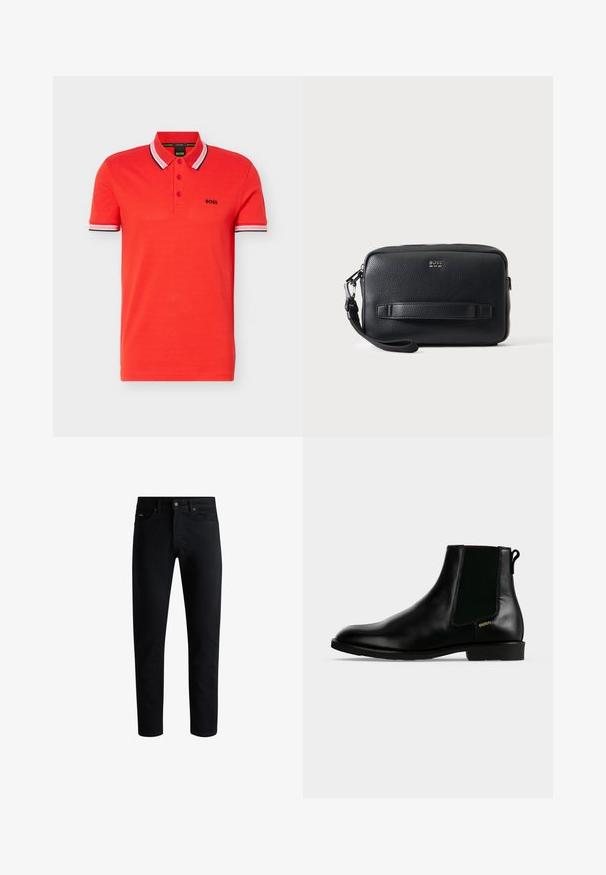 Rød poloshirt med korte ærmer, hvid og sortstribet krave og manchetter, tre knapper og "BOSS"-logo på venstre bryst.; Sorte slim-fit jeans med fem lommer, knaplukning og bæltestropper, præsenteret mod en hvid baggrund.; Sort læder ankelstøvle med elastisk sidelæpanel, lav hæl, trækflig bagpå og lille gyldent "HUGO" logo på ydersiden.; Sort tekstureret læderhåndledstaske med lynlås, horisontal rem foran, lille sølv "BOSS" logo og aftagelig håndledsrem på venstre side.
