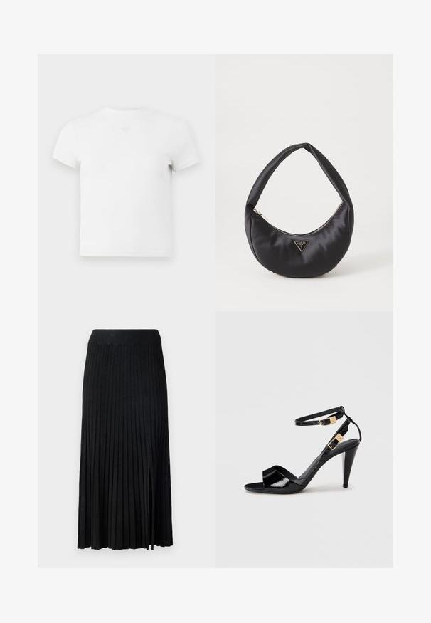 T-shirt blanc à manches courtes, col rond, fabriqué en coton doux. Présente un détail logo subtil au centre de la poitrine. Texture lisse.; Jupe midi plissée noire avec ceinture côtelée, présentant un tissu texturé, une fente latérale et des lignes verticales sur l'ensemble du design.; Sandale à talon haut en cuir verni noir avec double bride de cheville et boucles dorées, bout ouvert, et talon effilé sur fond neutre.; Sac à main en satin noir avec une forme courbée, doté d'une fermeture à glissière et d'un logo triangulaire en métal à l'avant. Texture lisse et design épuré.