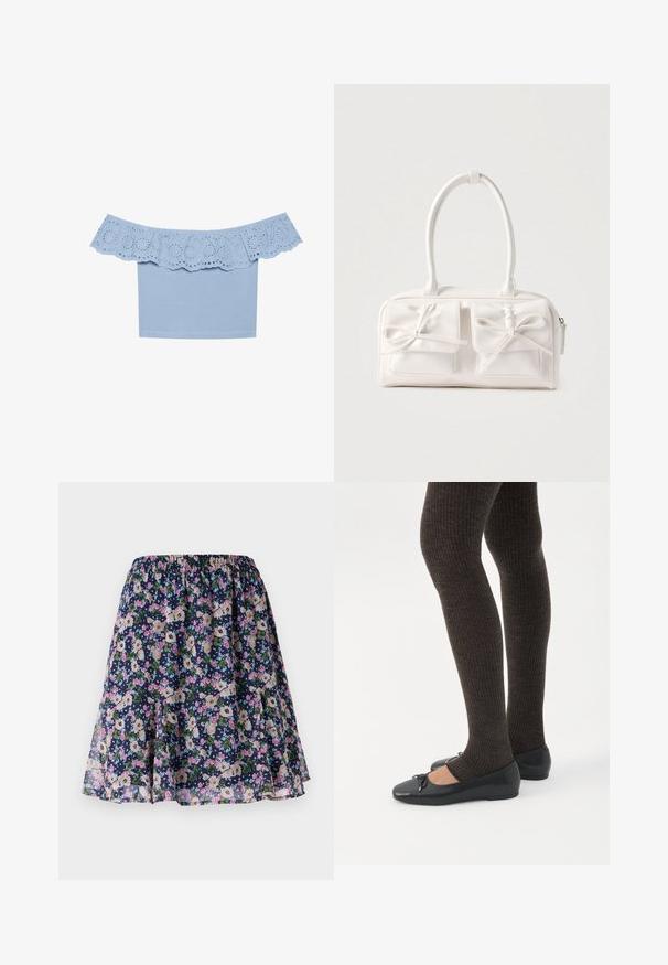 Lyseblå off-the-shoulder top med rynket kanter og øjebliksudskæringer. Glat stof med en tætsiddende design.; Blomsterkjole med elastisk talje. Har en mørk navy baggrund med pink, hvide og grønne blomstermønstre. Let og svalende stof.; Ben iført mørke ribbede leggings kombineret med sorte balletsko med små sløjfedetaljer på hvid baggrund.; Hvid syntetisk håndtaske med to forlommer, hver med en bundet sløjfedetalje. Glat tekstur, afrundede håndtag og lynlås lukning.