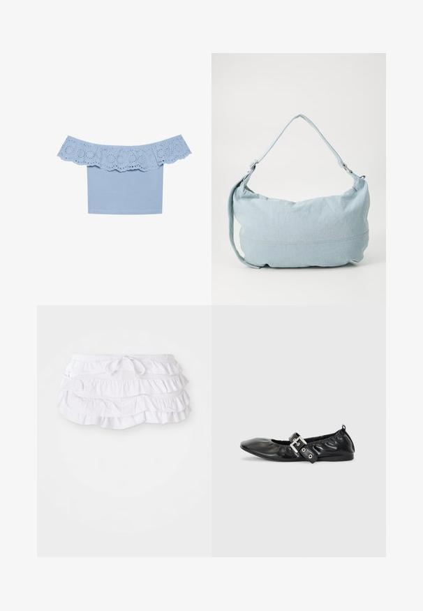 Lyseblå off-the-shoulder top med rynket kanter og øjebliksudskæringer. Glat stof med en tætsiddende design.; Hvid rynket svømmedragt med flere lag, der har en justerbar snøre i taljen. Blødt stof med en glat tekstur.; Sorte læder flade sko med spids tå, samling detaljer omkring åbningen, og en sølv spænde accent på den justerbare rem.; Lysblå denim skuldertaske i en rund form, justerbar rem og diskret syning langs den nederste kant. Blød tekstur.