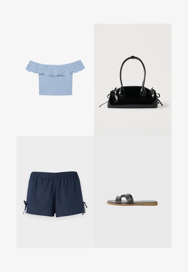 Lichtblauwe off-the-shoulder top met een rimpelnek en oogjes uitsparingen. Soepele stof met een aansluitend ontwerp.; Marineblauwe shorts met een elastische tailleband en verstelbare banden aan de zijkanten. De stof lijkt glad met een lichte glans. Ontspannen pasvorm, boven de knie.; Zwarte platte sliders met kruislingse leren banden, een kleine decoratieve gesp en een tan rubberen zool met een gestructureerde afwerking.; Kleine zwarte glanzende handtas met twee lange hengsels en zijkant trekkoord details op een effen lichte achtergrond.