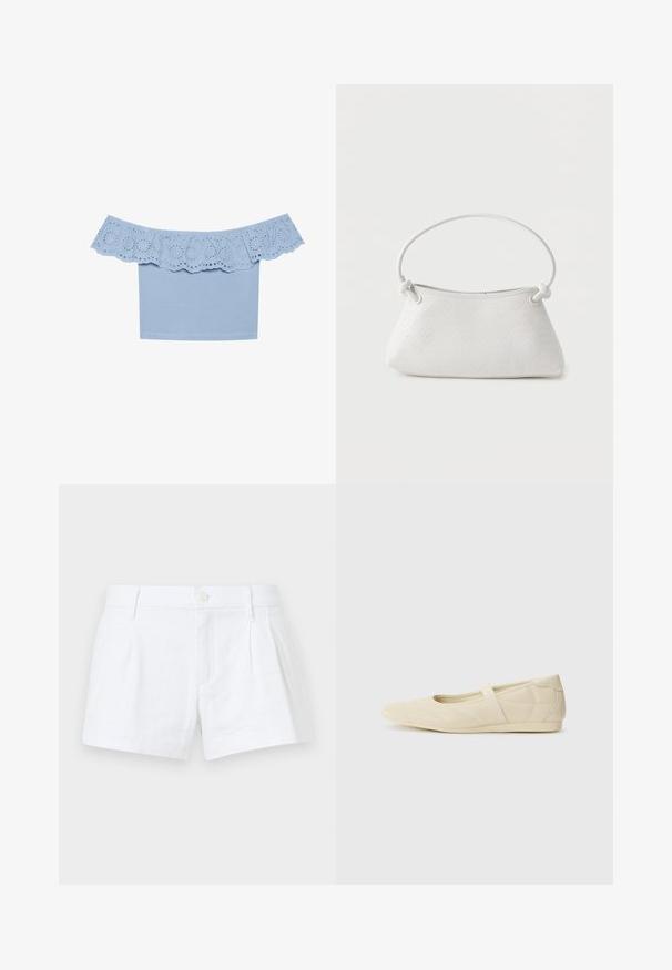 Blusa azul claro sin mangas con escote de volantes y recortes de ojal. Tejido suave con un diseño de cuerpo ajustado.; Bermudas de lino blancas con pliegues, cierre de botón y bolsillos laterales. Presentan un corte ajustado y una textura suave.; Bailarinas beige con un exterior de cuero liso, punta en forma de almendra y una correa elástica en el empeine, con detalles de costura sutiles.; Bolso de mano de cuero blanco tejido con asa redondeada y extremos de la correa anudados, exhibido sobre un fondo liso.