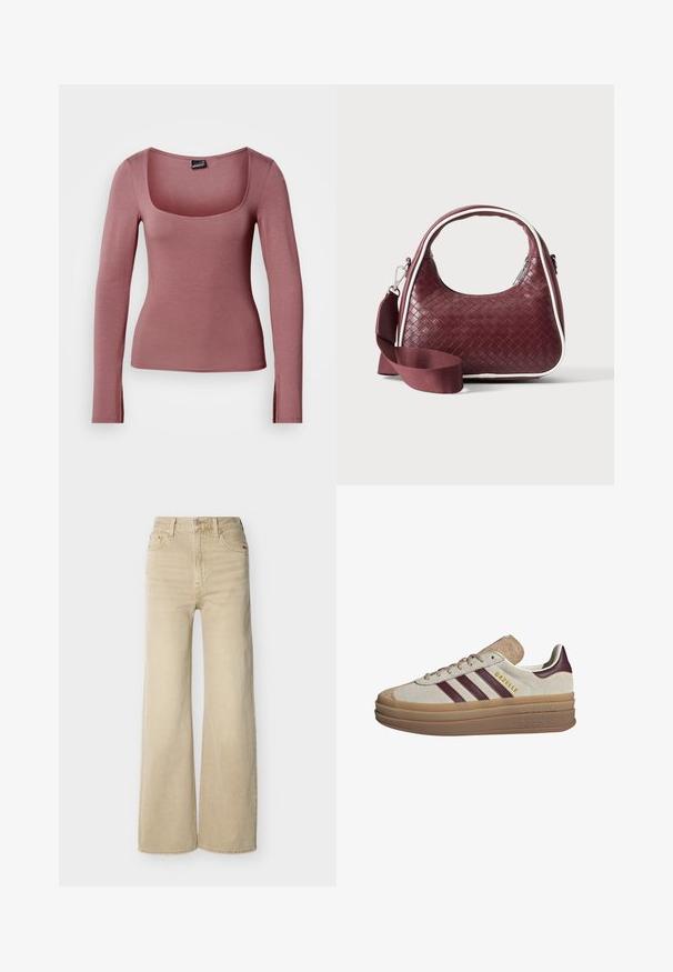 Top met lange mouwen in een gedempte rozenkleur, gemaakt van zacht stretchstof. Voorzien van een vierkante halslijn en zijsplitten aan de zoom.; Beige jeans met hoge taille en wijde pijpen, voorzien van knopen en rits aan de voorkant, voor- en achterzakken, en riemlussen, afgebeeld op een witte achtergrond.; Beige suède sneakers met bordeauxrode strepen, witte accenten, een chunky doorschijnende zool en verhoogde branding aan de zijkant. Vetersluiting.; Donkerrode geweven leren handtas met gebogen handvat, witte bies, zilveren rits en afneembare brede stoffen schouderriem tegen een effen achtergrond.