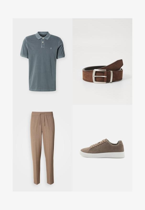 Leigrijze polo met korte mouwen, twee beige knopen, een kraag en een klein "M O P" logo op de linkerborst.; Bruine, geweven stoffen broek met een relaxte pasvorm, trekkoord taille en plooien aan de voorkant. Rechte pijpen en geen zichtbare zakken of hardware.; Bruine suède sneakers met platte witte rubberen zolen, vetersluiting, ronde neus en een gladde textuur. Minimalistische stijl met subtiele stikdetails.; Bruine suède riem met een zilveren metalen gesp en een lineaire stikseldetail. De riem is plat en heeft een klassiek formaat en vorm.